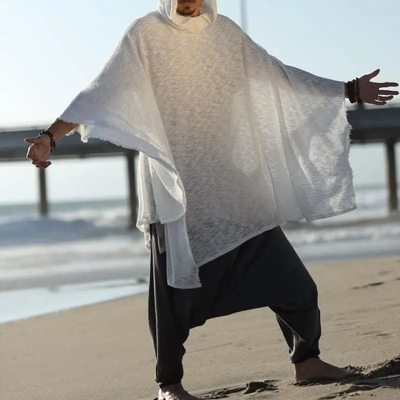Casual Hooded Men's Fashionable Cloak Coat Thickened Long Style Business Scene Suitable Windbreaker with Tassel Detail