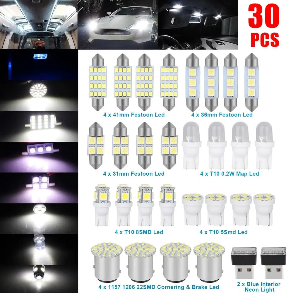 30pcs Car Led Interior Light Bulbs Kit 12v 6000k Map Dome License Plate Light Package Lamp Replacement Parts Interior Lighting