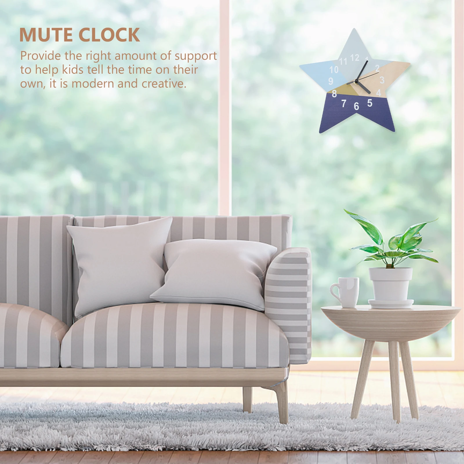 

Star Hanging Mute Clock Blue Geometric Kids Wall Clock for Toddler Room Classroom Decorative Analog Time Teaching Tool Home