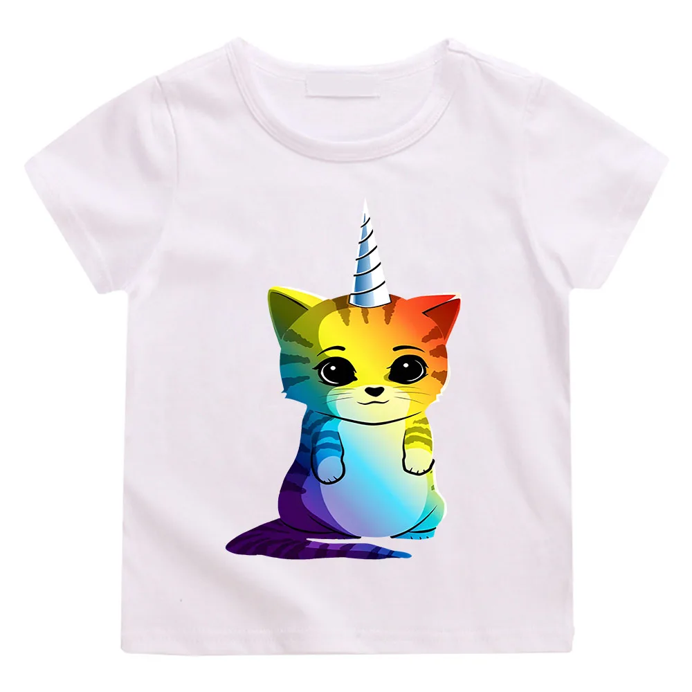 Unicorn Cat 2024 Fashion Unisex Funny T-shirt Children Boys Short Sleeves White Tees Baby Kids Summer Tops for Girls Clothes