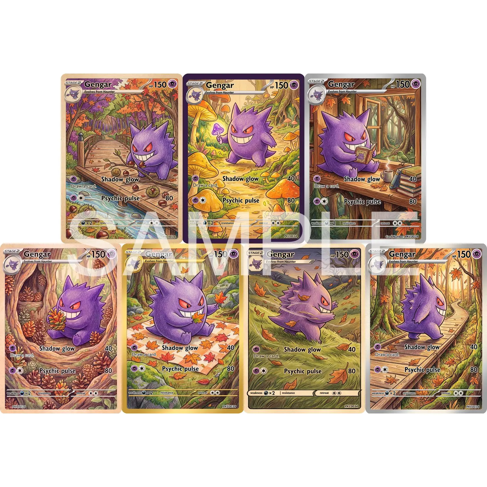 7Pcs PKM Cards PTCG Colored Pencil Style Gengar Autumn Forest Seven Unique Scenes Illustrated Character Art Set Cards PTCG Gift