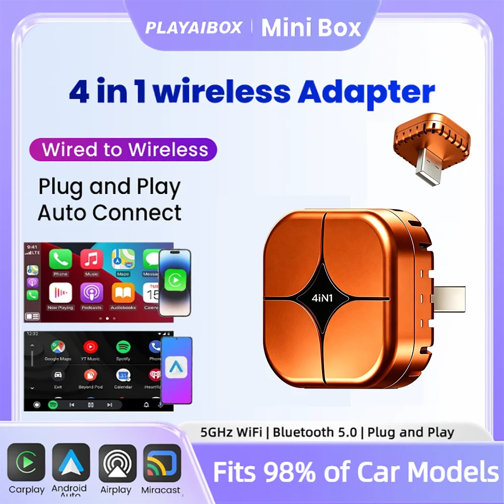 4in1 New Upgrade Carplay Adapter Wired To Wireless Android Auto Mirror Link Smart MiNi Ai Box USB Plug and Play Bluetooth WiFi