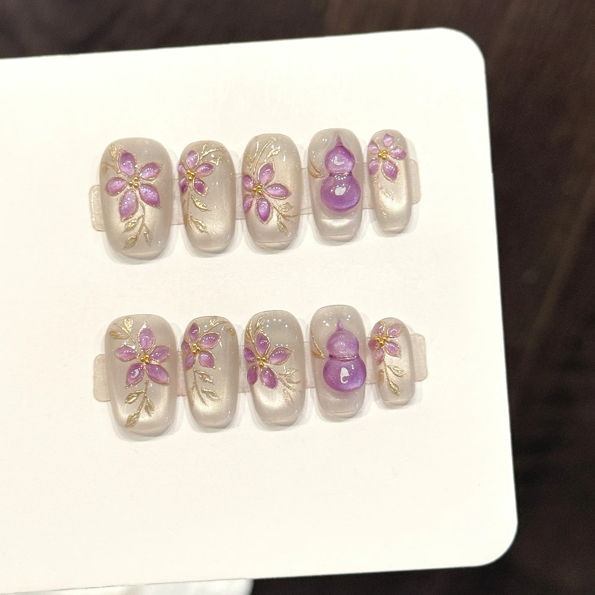 

10pcs Purple Gourd Handmade Nails Carved Golden Branches Press on Nail Medium Square Fake Nail for Women&Girl False Nail Art