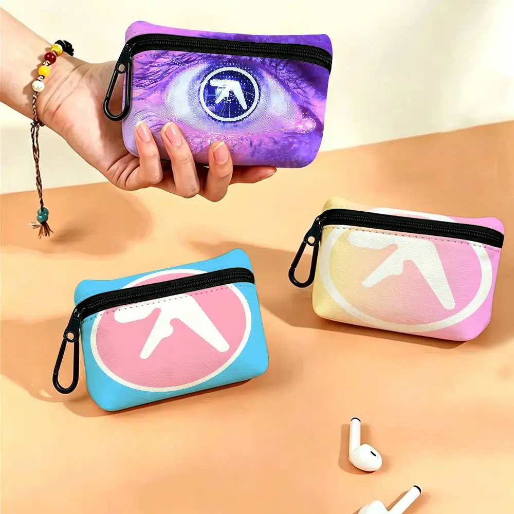 A-Aphex Twin Mini Oxford Cloth Coin Purse With Carabiner Hook Portable Key Card Wallet Small Zipper Storage Pouch