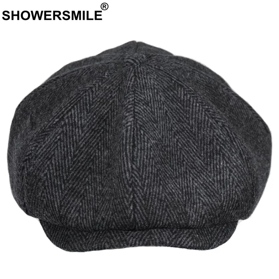 SHOWERSMILE Brand Wool Newsboy Caps Men Grey Herringbone Flat Caps Women Coffee British Brand Cap Autumn Winter Woolen Hats