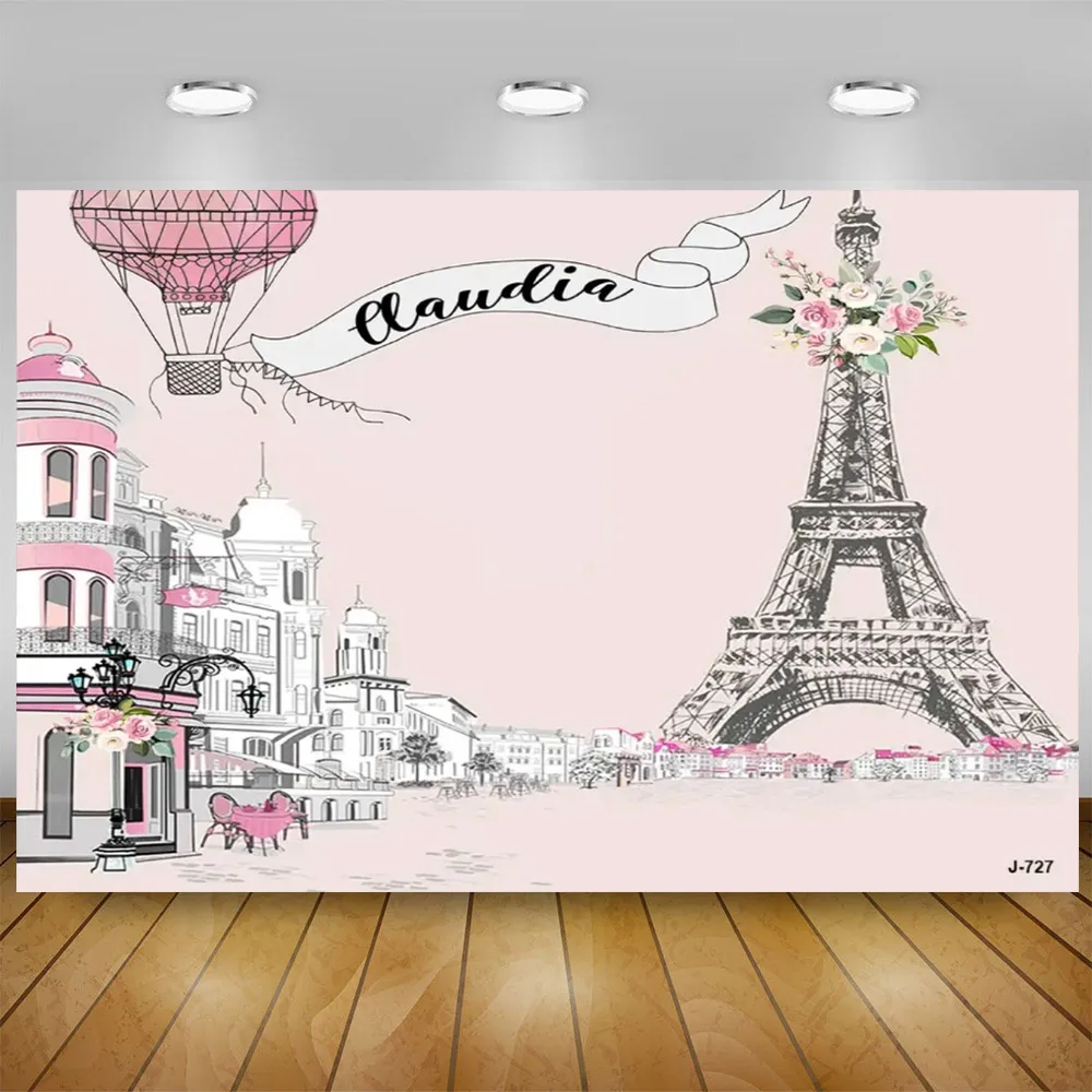 Fashion Pink Paris Eiffel Tower Theme Birthday Party Decoration Newborn City Street Landscape Fashion Girl Photo Backdrop Props