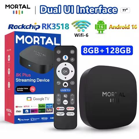 Mortal T1+ RK3518 Rockchip Smart TV Box BT5.4 Android 16.0 ROM 128GB RAM 8GB Wifi6 8K Voice Assistant Media Player TV Box