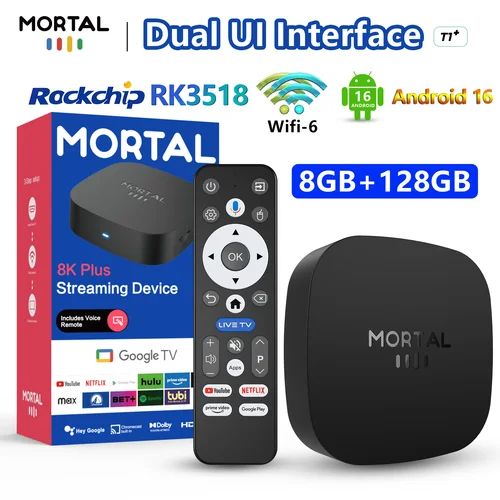 Imagen 1 del producto Mortal T1+ RK3518 Rockchip Dispositivo de TV inteligente BT5.4 Android 16,0 ROM 128GB RAM 8GB Wifi6 8K asistente de voz reproductor multimedia TV Box