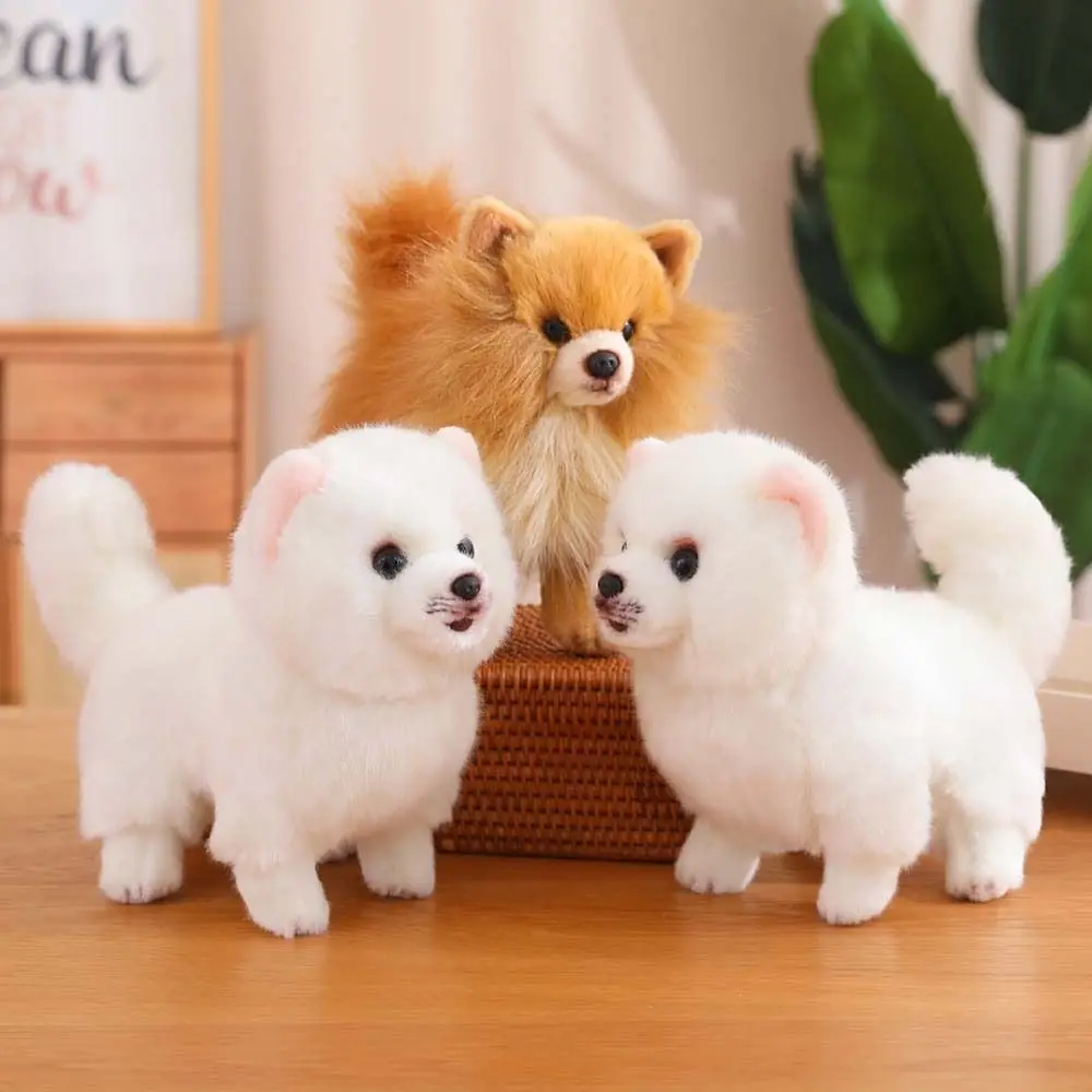 Brinquedo de pelúcia pomerânia em pé, animais de pelúcia, boneca de estimação, simulação de cachorro pomerânia, decoração de casa, boneca de cachorro de pelúcia da vida real