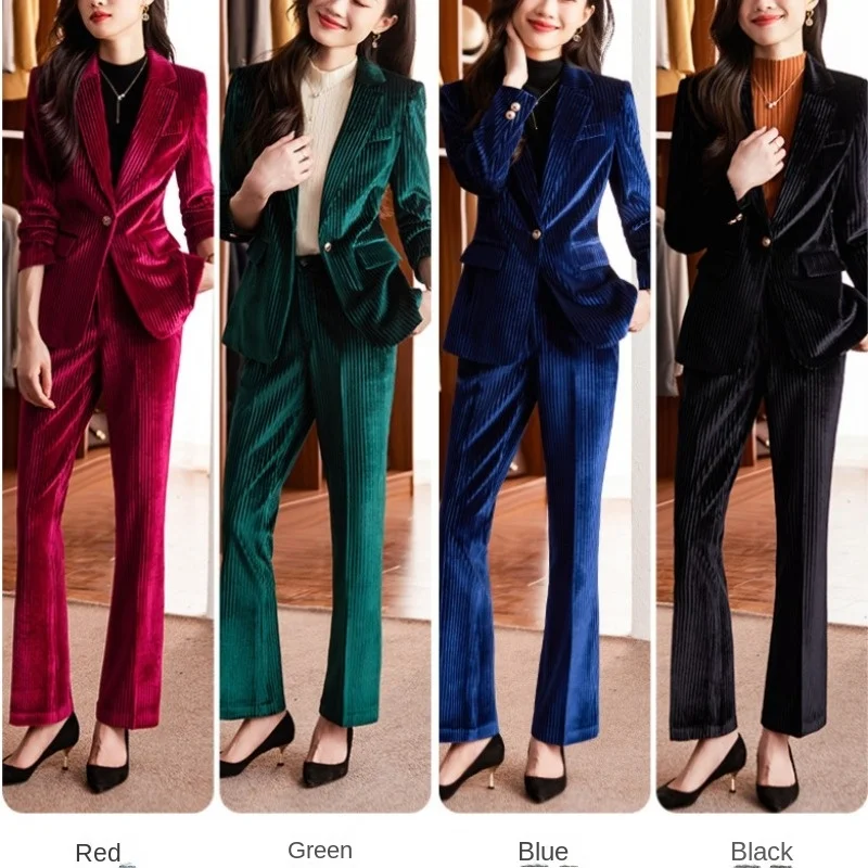 Women\'s 2 Piece Velvet Suit Office Work Suit Notch Lapel Double Breasted Blazer Pants Business Suit Set