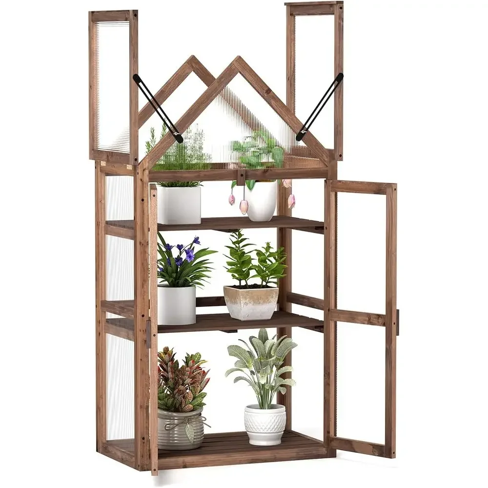 Mini Wooden Greenhouse with Transparent Roof, 3 Adjustable Shelves, and Polyethylene Panels for Indoor or Outdoor Use