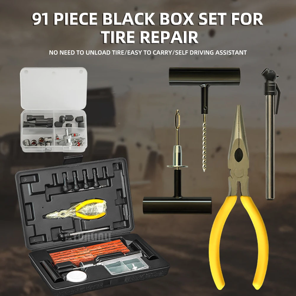 91-Piece Car Tire Repair Kit, Off-Road Vehicle & Motorcycle Tubeless Tire Rapid Repair Tool Set