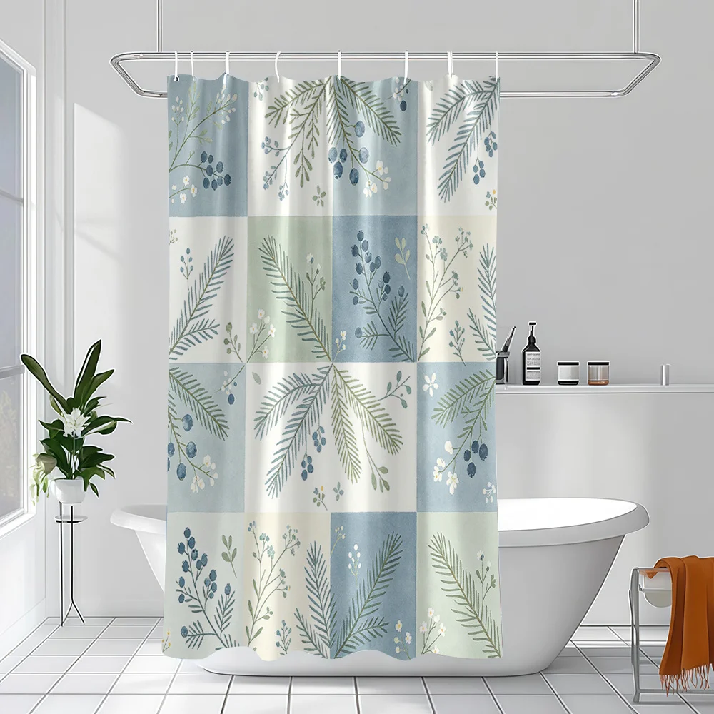 Blue Green Botanical Patchwork Shower Curtain, Vintage Leaf & Berry Print Waterproof Bathroom Decor, Rustic Home Bath Screen