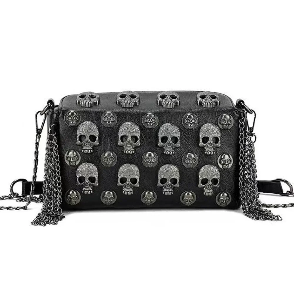 Bolso de PU de alta calidad para mujer, bandolera de estilo Punk con calavera de Metal y remaches, bolsos de hombro con cadena y borlas