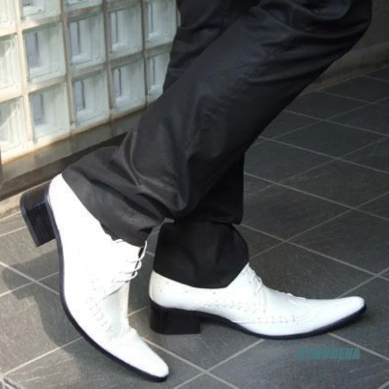 

Perforated Pointed Toe Men Oxford Dress Shoes Lace-Up Low Block Heel Formal Wedding Business Daily Gentleman Fashion Shoes