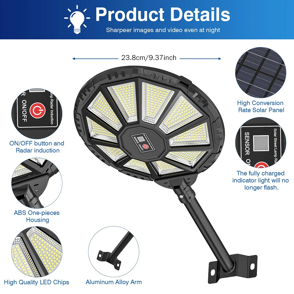 Outdoor Wall Solar Flood Light, 590LED Motion Sensor Waterproof Octagonal Design Dusk to Dawn 360° Adjustable Parking Lot Lights