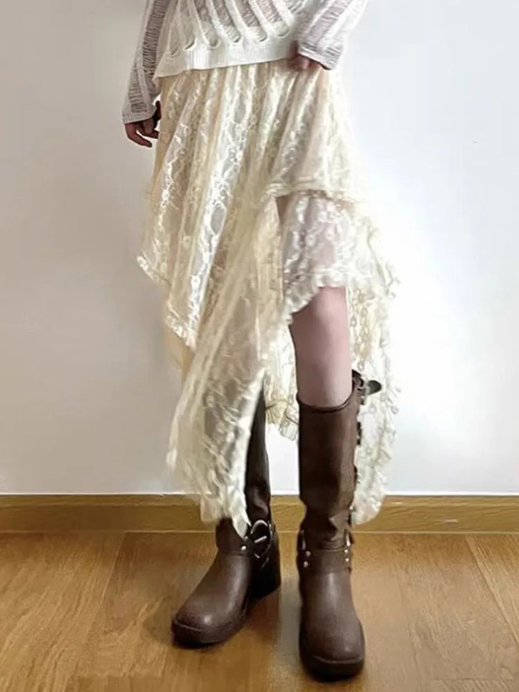 Koronkowa asymetryczna spódnica Fairycore Women Vintage Y2K Boho Estetyczna moda Wysoka talia Średnie spódnice Lady Stroje wakacyjne