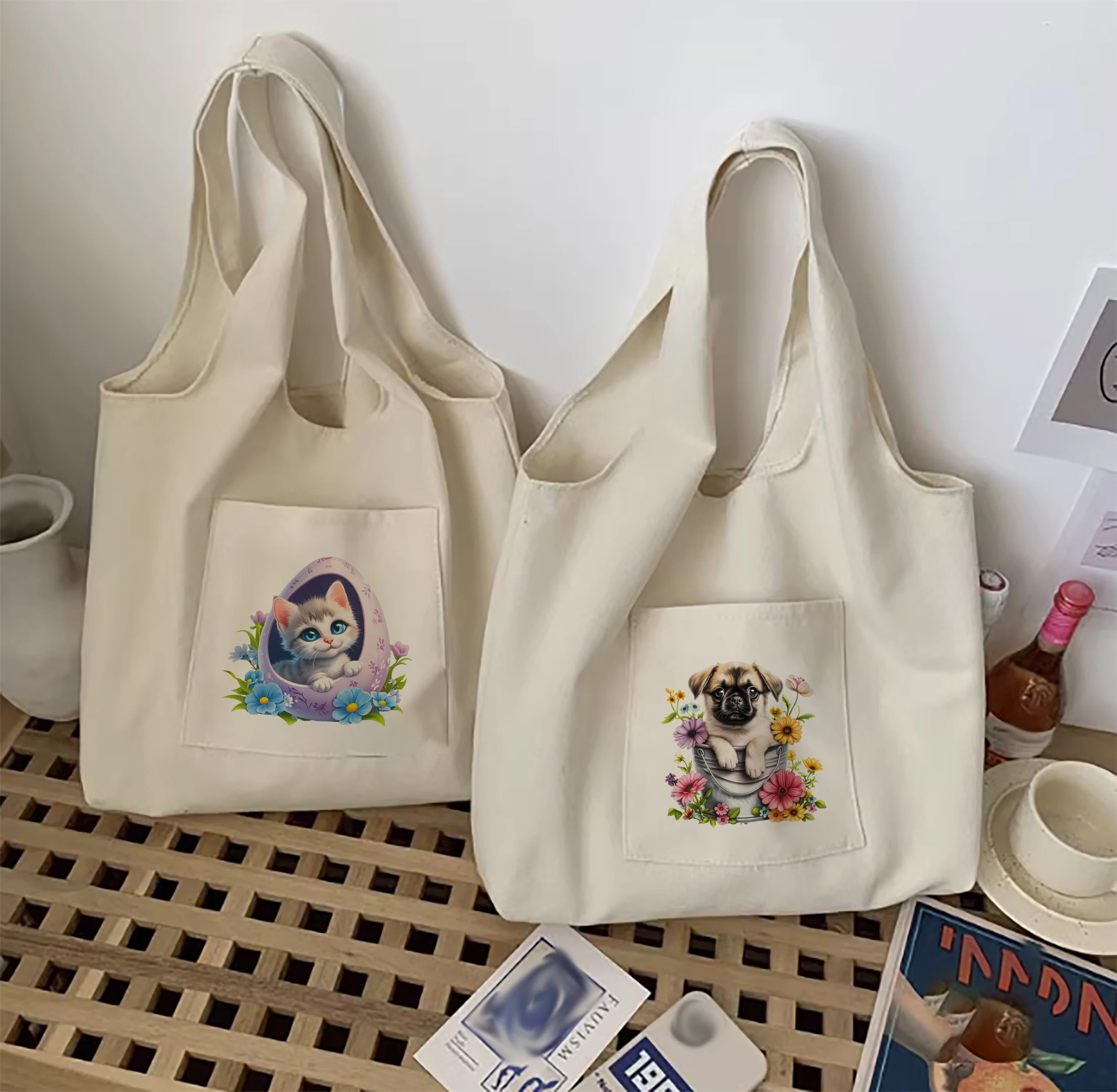 Cute flowers surrounding animals, dogs, background, women's vest bag, single shoulder canvas handbag, outer pocket design