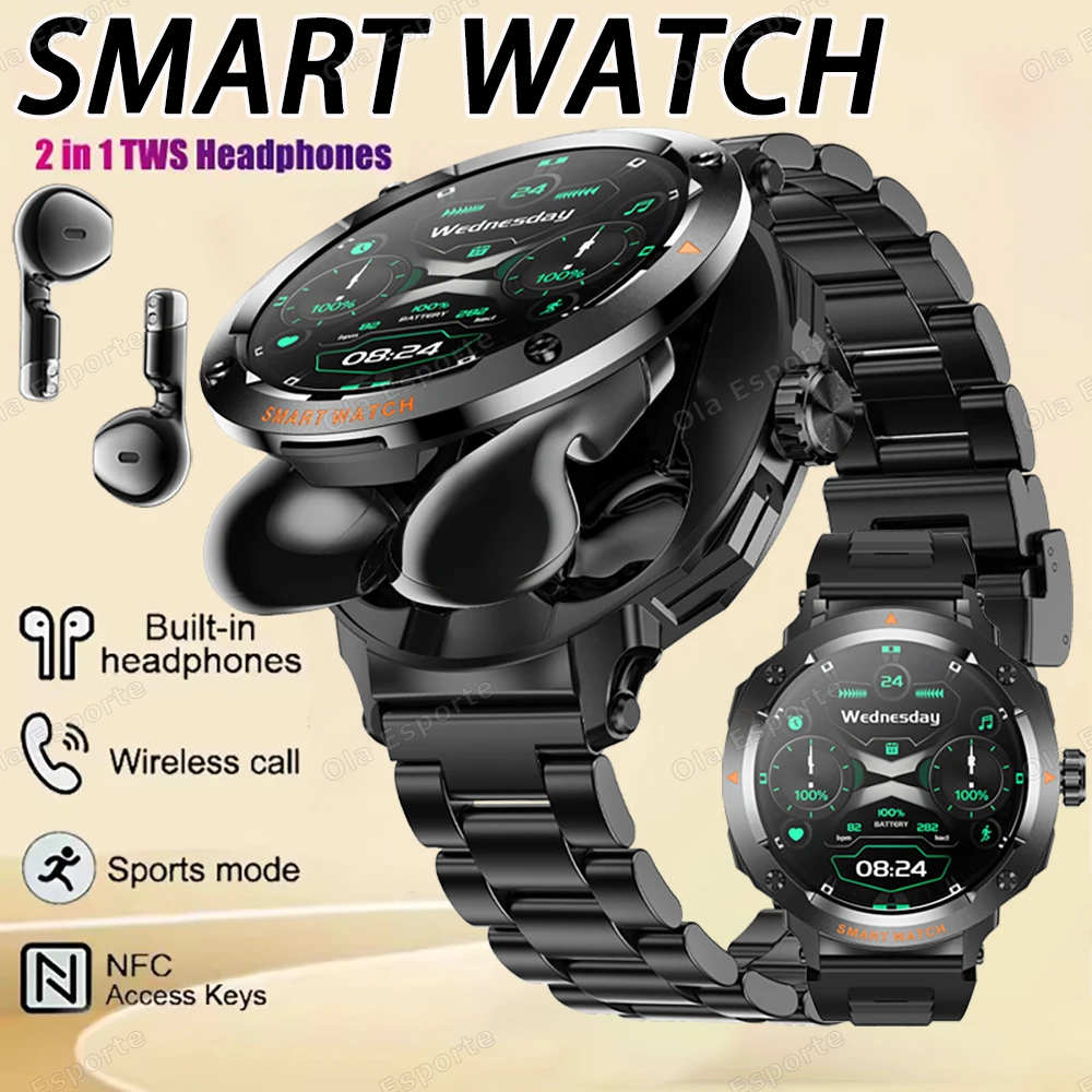 New TWS 2-in-1 With Headset Smart Watch 2025 Bluetooth Call Men watch NFC SmartWatch Heart Rate Monitor Play Music Sport Watches