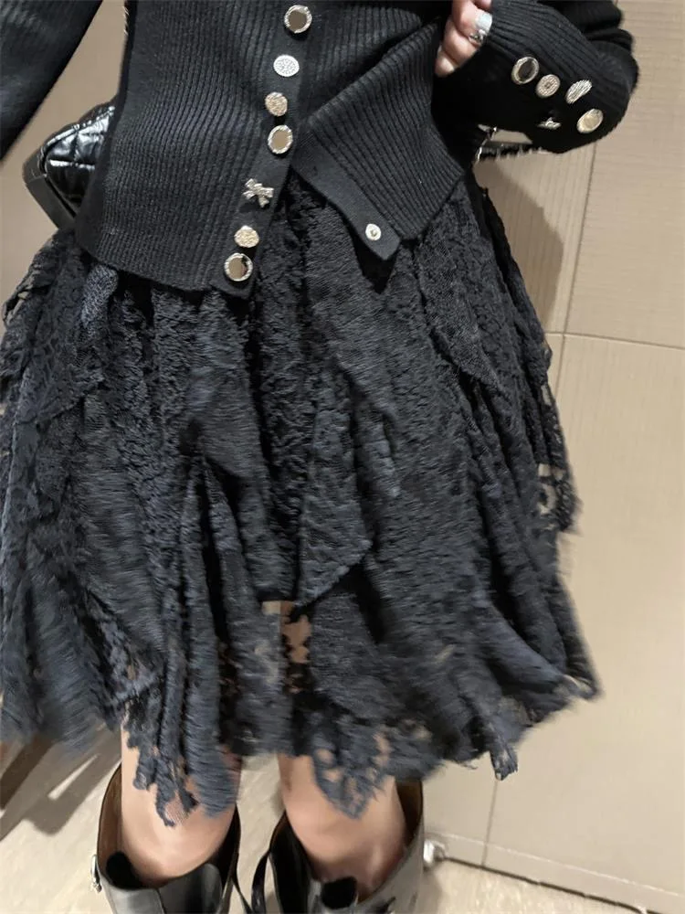 2025 New Women Fall Asymmetrical Hem Lace Skirt High Waist A Line Midi Skirt Versatile Elegant Casual Outfit