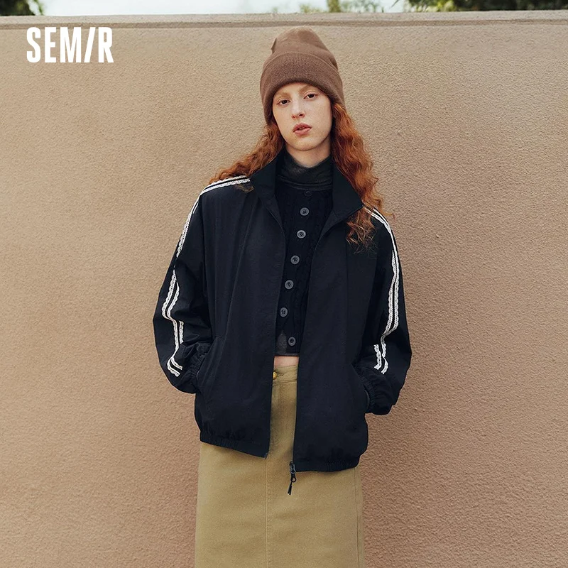 Semir Women Jacket Lace Trim Texture Stand Collar Oversize Sport Style Sweet Cool Autumn Outerwear Daily Wear 2026
