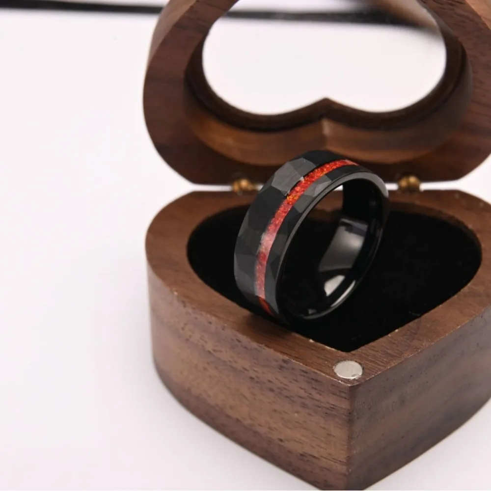 Somen 8mm Hammered Black Tungsten Carbide Rings For Men Red Opal Inlay Wedding Engagement Band Anniversary Jewelry Party Gifts