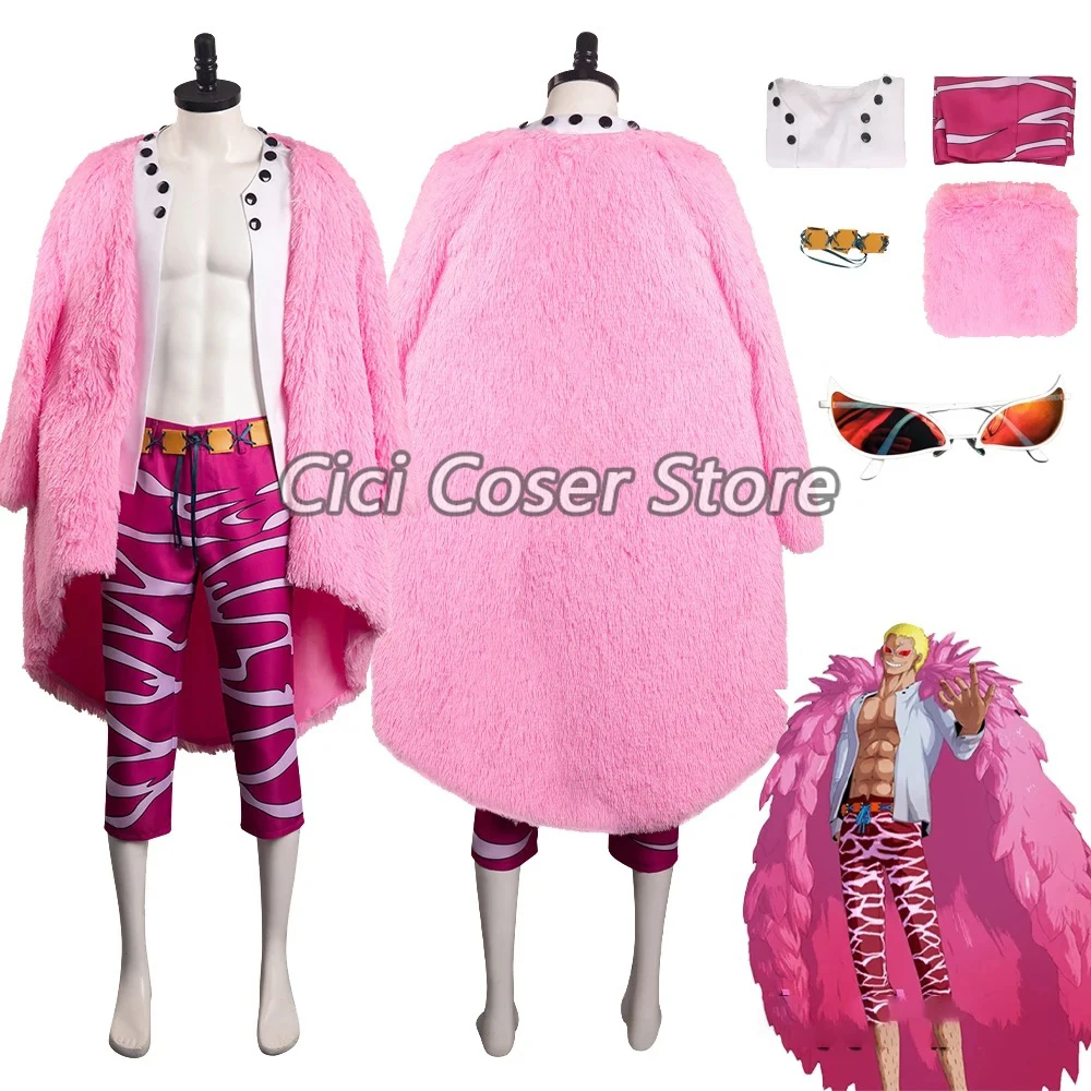 Disfraz de Anime JOKER Donquixote Doflamingo, traje de capa esponjosa rosa para hombres y mujeres, trajes de fiesta de Carnaval y Halloween, gafas