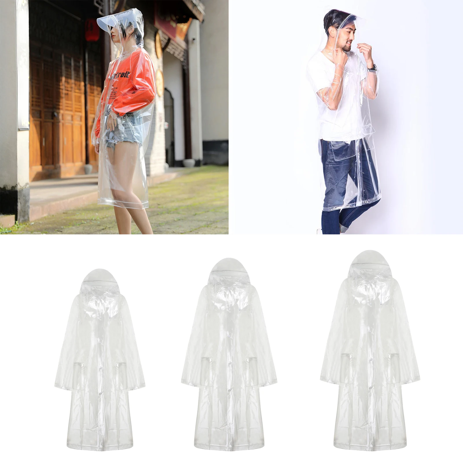 Transparent Lightweight Reusable Rain Poncho for Hiking Waterproof Hooded