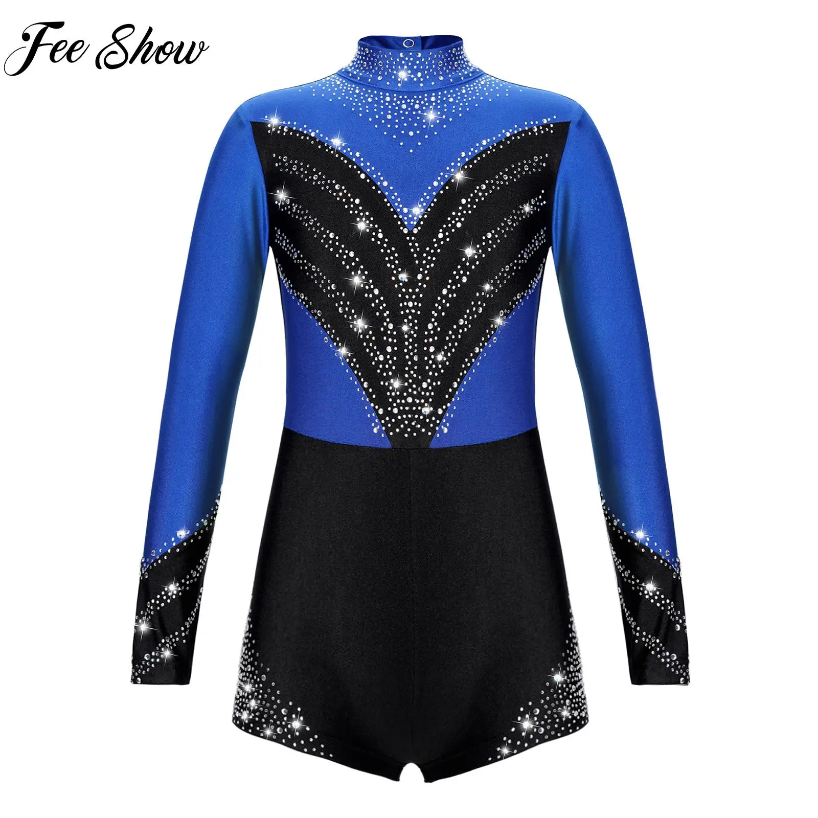 

Kids Girls Skating Suit Latin Ballet Dancewear Long Sleeve Shiny Diamond Decorated Modern Dance Leotard Gymnastic Dance Jumpsuit