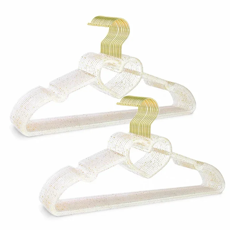 10-20Pcs Acrylic Glitter Hangers Cute Heart-Shaped No-Trace Clothing Rack with Non-slip Notch for Girls Clear Clothes Organizer