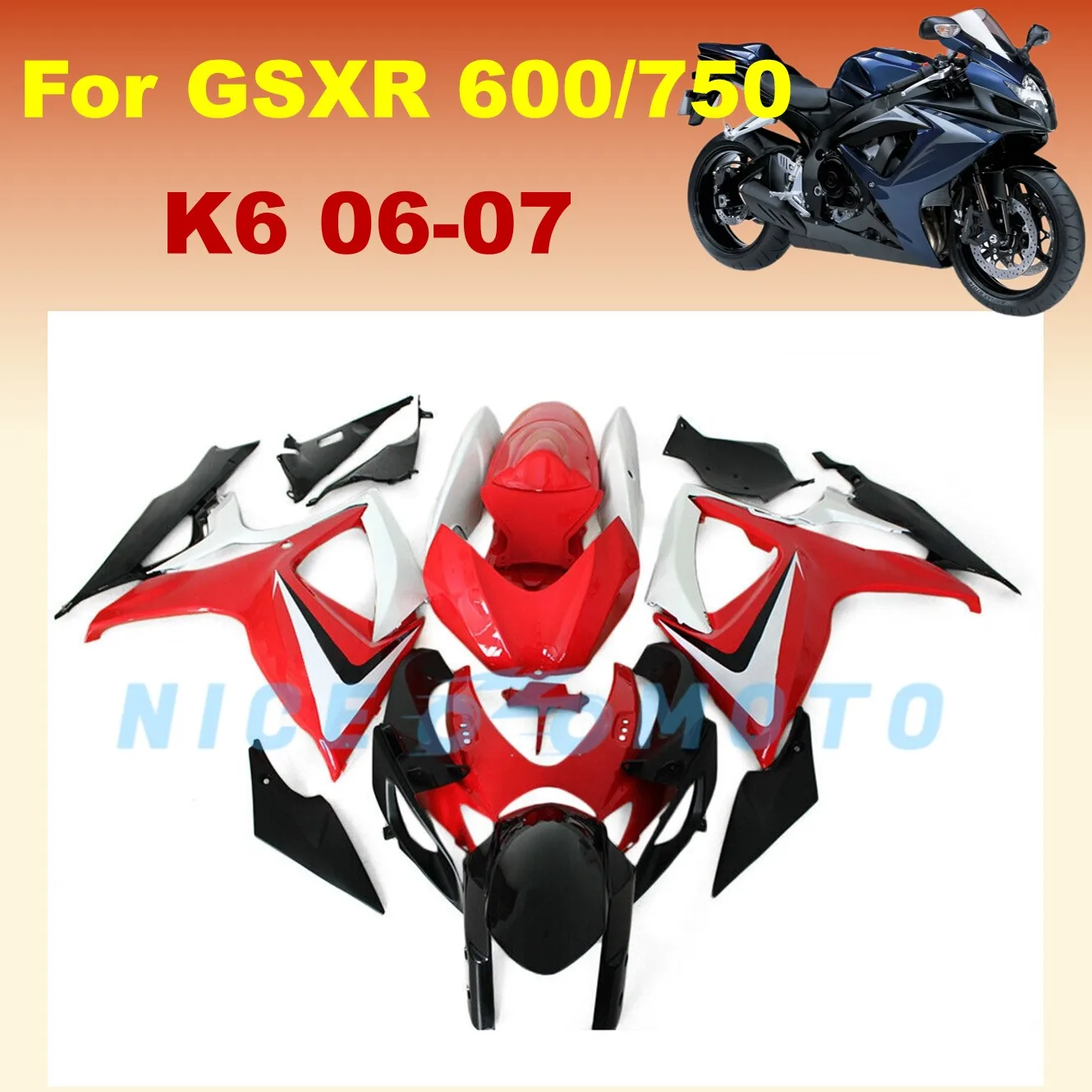 

Для Suzuki GSXR600 2006 2007 GSX-R750 06 07 K6 GSXR750 600 послепродажный комплект обтекателей из АБС-пластика, лучший комплект обтекателей для мотоцикла, красный, белый