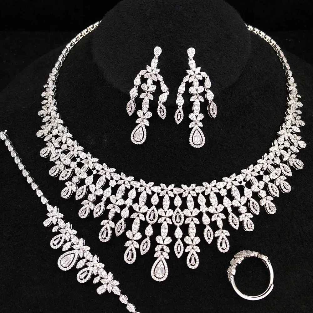 

Soramoore Luxury Cute Necklace Earrings Bracelet Rings Jewelry Sets 4PCS For Women Indian Nigerian Wedding Jewelery Set Gift