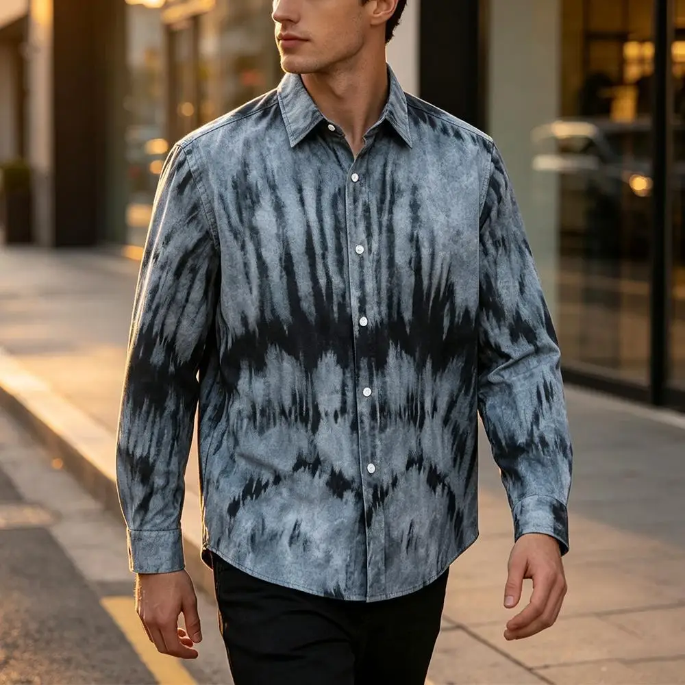 Vertical Tie Dye Print Cotton Long Sleeve Shirt Casual Lapel Collar Button Down Tops Fashion Street Daily Wear Shirts For Men