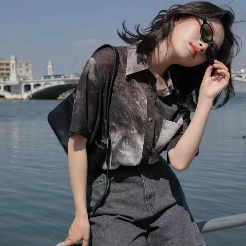

Chiffon Blouse for Women Tie Dye Short Sleeved Shirt for Women 2025 New Summer Retro Japanese Elegant Social Women's Shirt