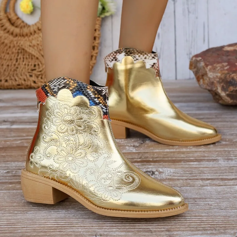 

Women's Single Boots Spring and Autumn New Pointy Embroidery Color Matching Short Boots Fashion Increase Non-slip Western Boots