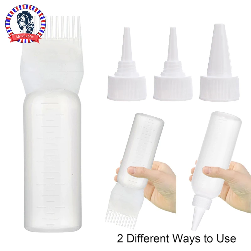 Conjunto de ferramentas de tintura de cabelo de 4 peças, garrafa de tintura de cabelo de 6 onças e 3 tampas de garrafa unissex para todos os tipos de cabelo, acessório de ferramenta de cuidados capilares de plástico