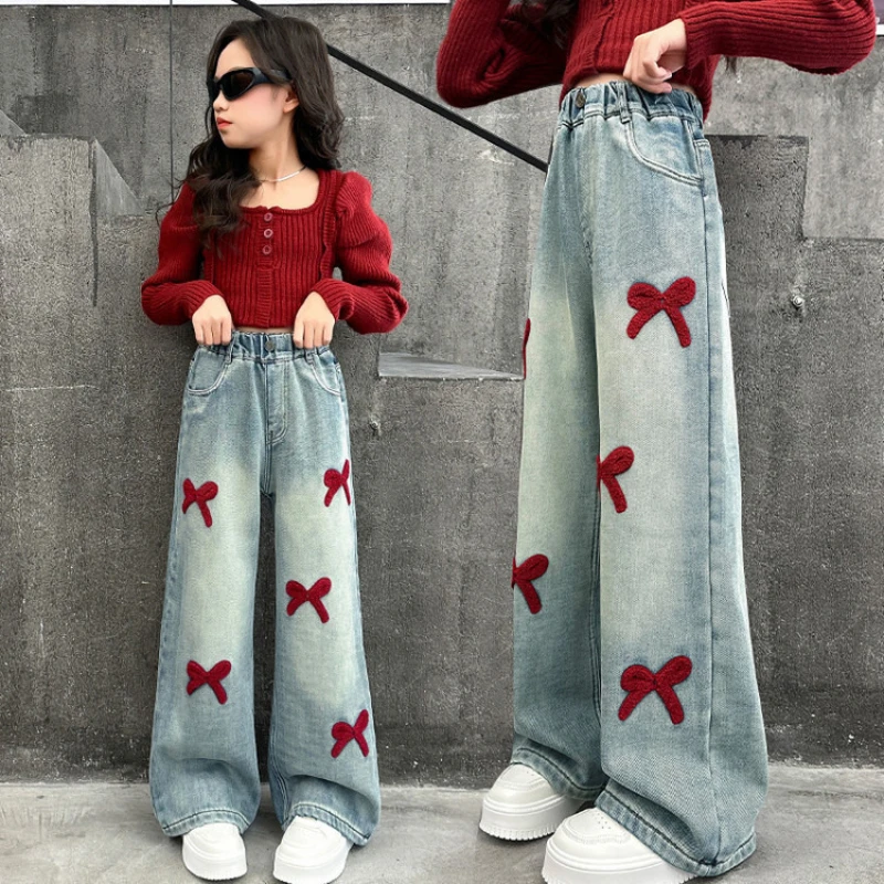 Girls Jeans Spring Autumn Loose Kids Wide-leg Trousers Children Bowknot Embroidery Straight Denim Pants Teen Clothing 5-12 Years