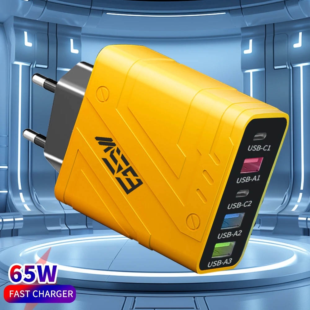 USB 65W 5 Ports Mobile Phone Chargers PD Fast Charging QC 3.0 Travel Adapter For iPhone 15 Xiaomi Samsung Oneplus EU/US Plug