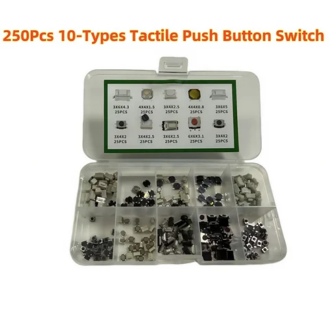 250Pcs 10-Types Tactile Push Button Switch Car Remote Control Keys Button Touch Microswitch