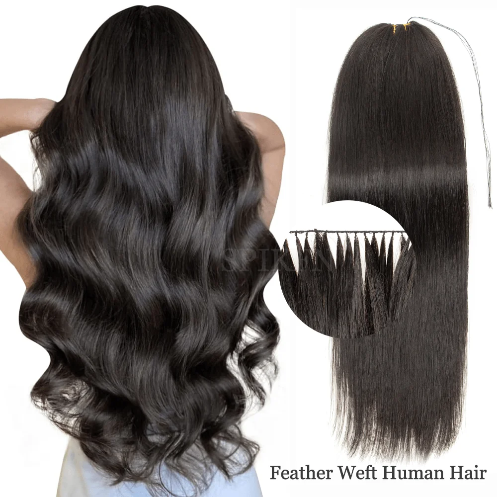 

Jet Black 16-22 inches Feather Weft Human Hair Extensions 100g Sewing On Invisible Custom Bundles 50cm Weft Width 140 Strands