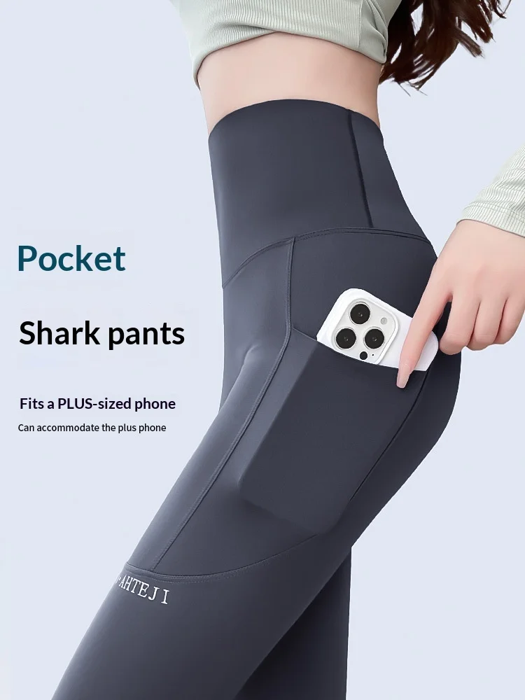 Women Pocket Shark Skin Leggings High Waist Tummy Control Butt Lift Tight Yoga Pants Outdoor Spring Summer Cycling Base Layer