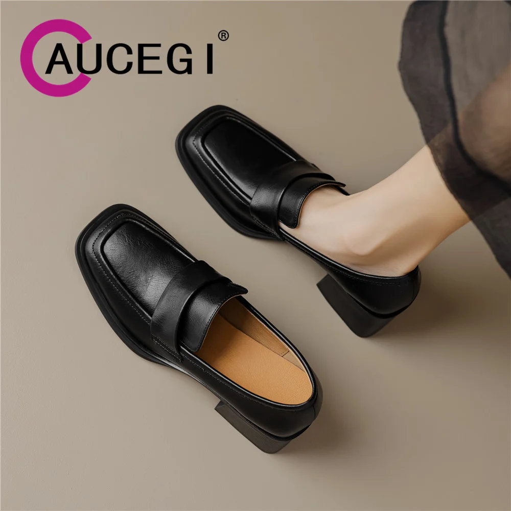 Aucegi Spring Autumn Women Thick High Heels Genuine Leather Pumps Retro Classic Style Square Toe Daily Life Manual Made Shoes