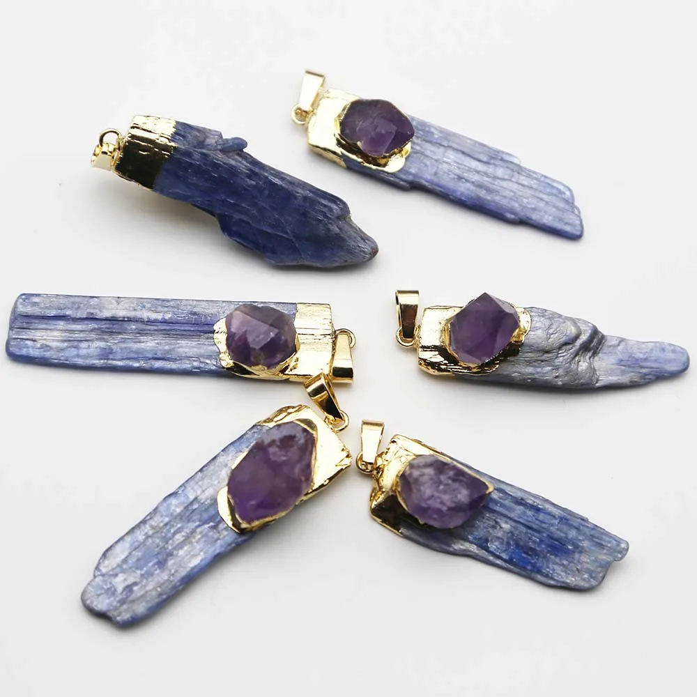 Natural Stone Blue Crystal Strip Amethyst Pendant Necklace Raw Ore Cure Fashion Charms Jewelry Making Accessories Wholesale 8Pcs