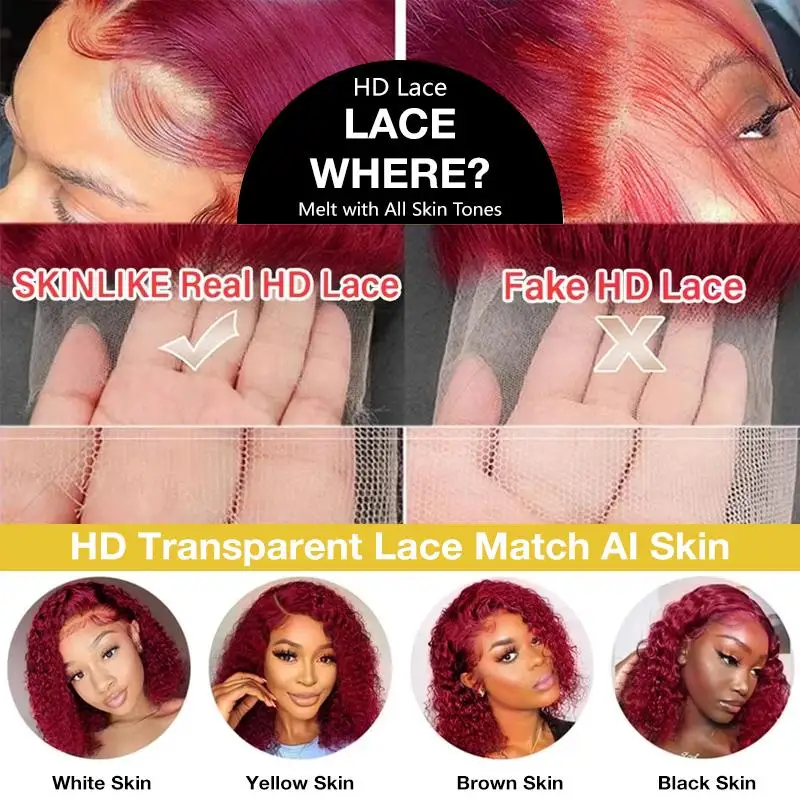 99j Deep Wave Lace Front Hair Wigs 250% 13x6 HD Lace Frontal Human Hair Wigs Burgundy Red Lace Wigs Pre Plucked Natural Hairline view 4