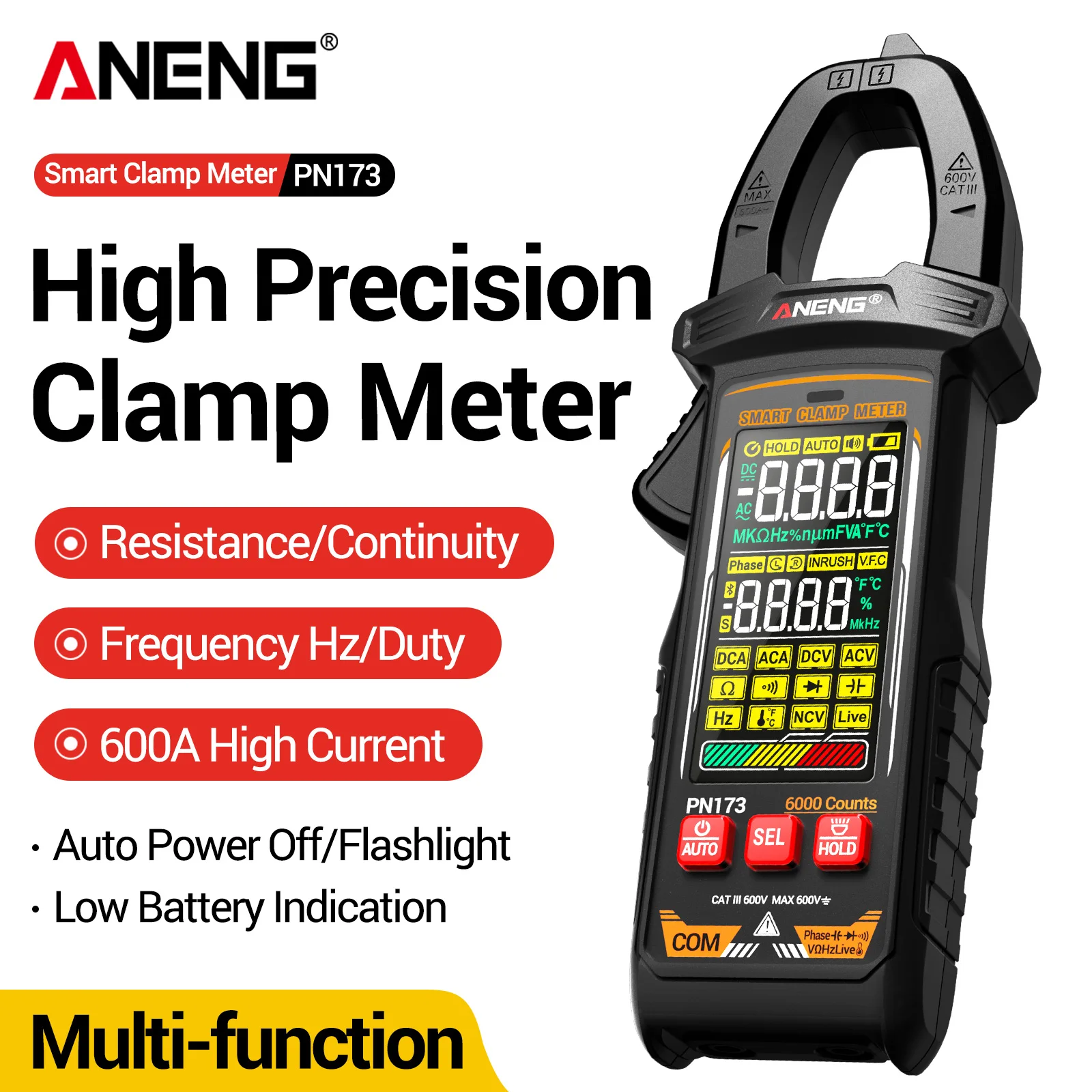 6000 Counts Digital Clamp Meter ANENG PN173 600A Current True RMS Smart Plier Ammeter NCV Diode Tester Electrician Repair Tool