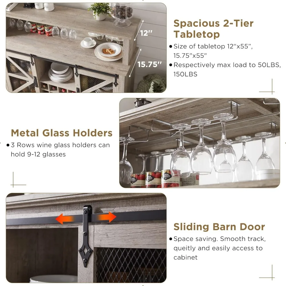 Farmhouse Coffee Bar Cabinet with LED Lights, 55" Wine Bar w/Sliding Barn Door & Wine and Glass Rack, Kitchen Buffet Cabinet w/