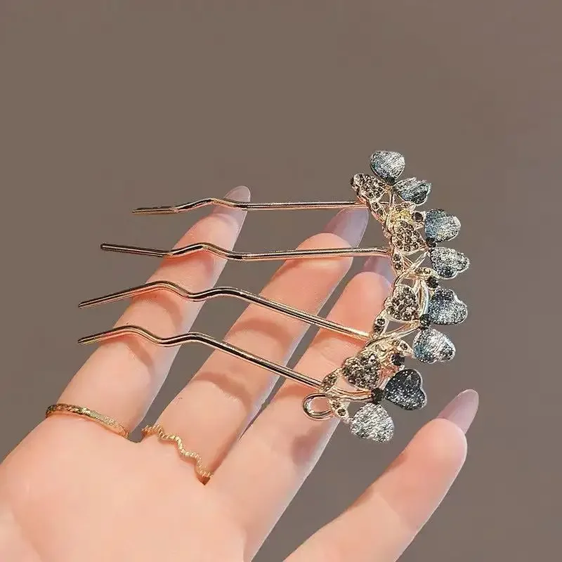 Retro Französisch Stil Strass Klee U-förmige Haarnadel Legierung Material Frauen Hinterkopf Haar Sticks Elegante Braut Kopfschmuck