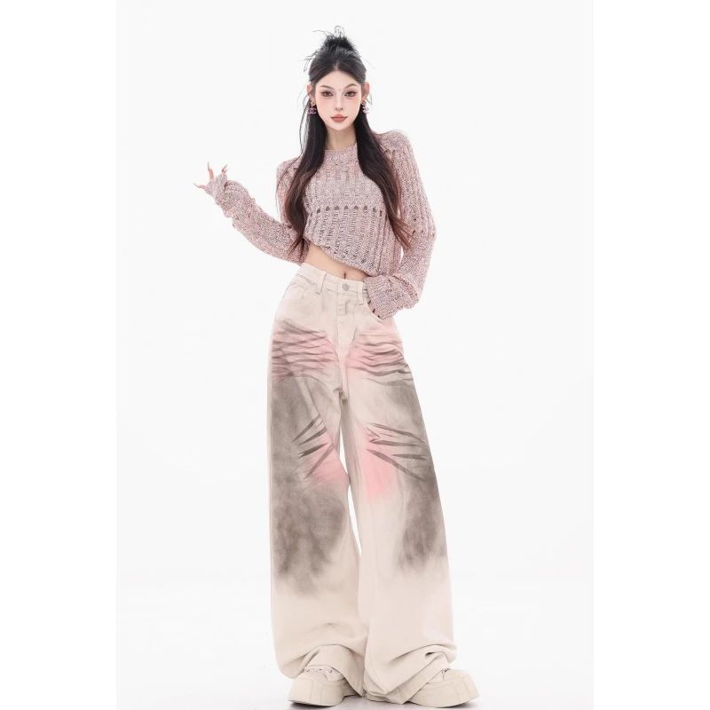 

Spring 2025 Color Collision Pink Jeans Women Y2K Vintage High Waisted Jeans Straight Streetwear Loose Large Wide Leg Denim Pants