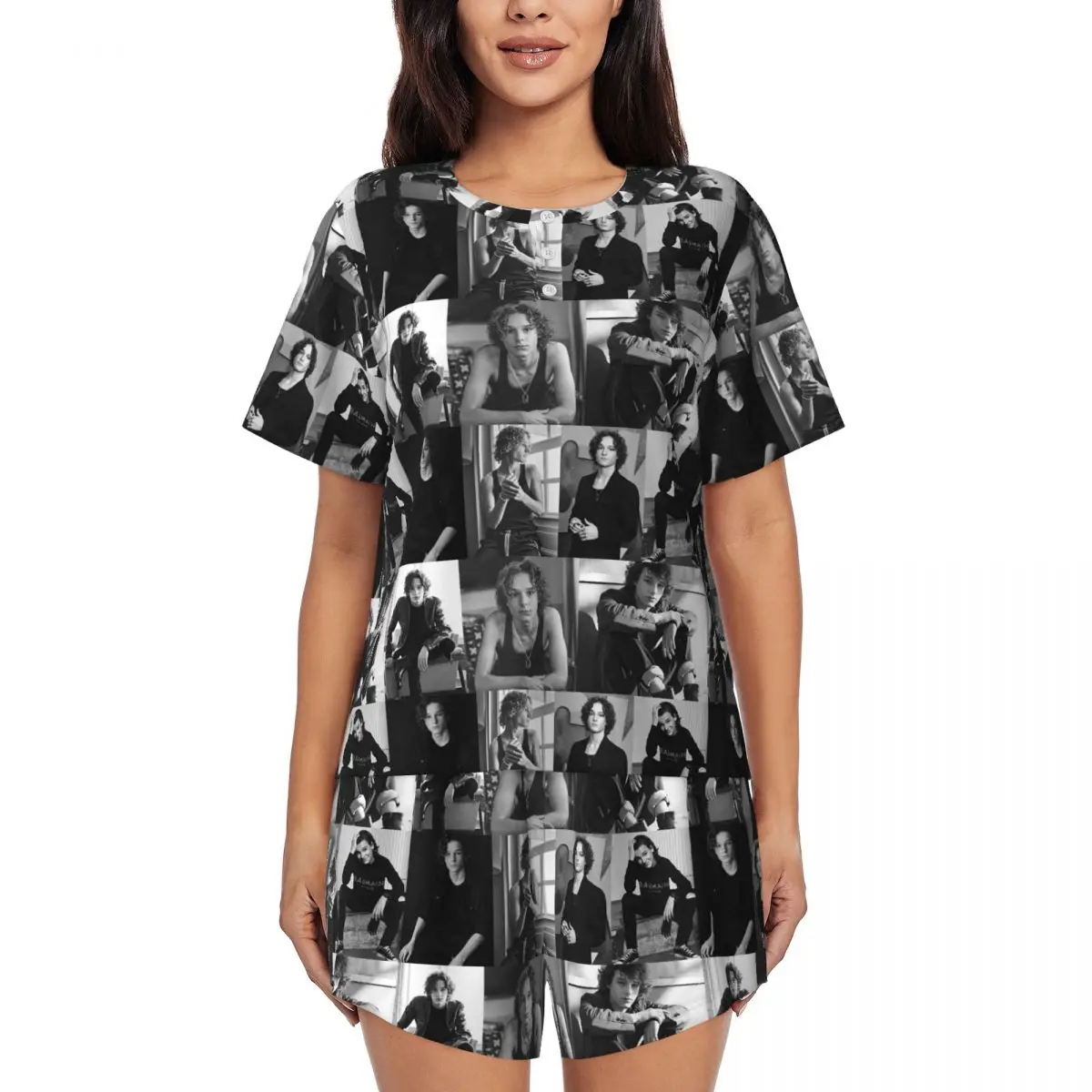 

Black And White Mason Thames Collage Round Neck Short Sleeves Nightdress for Sleeping Women Loose Pajama Set Short Pants