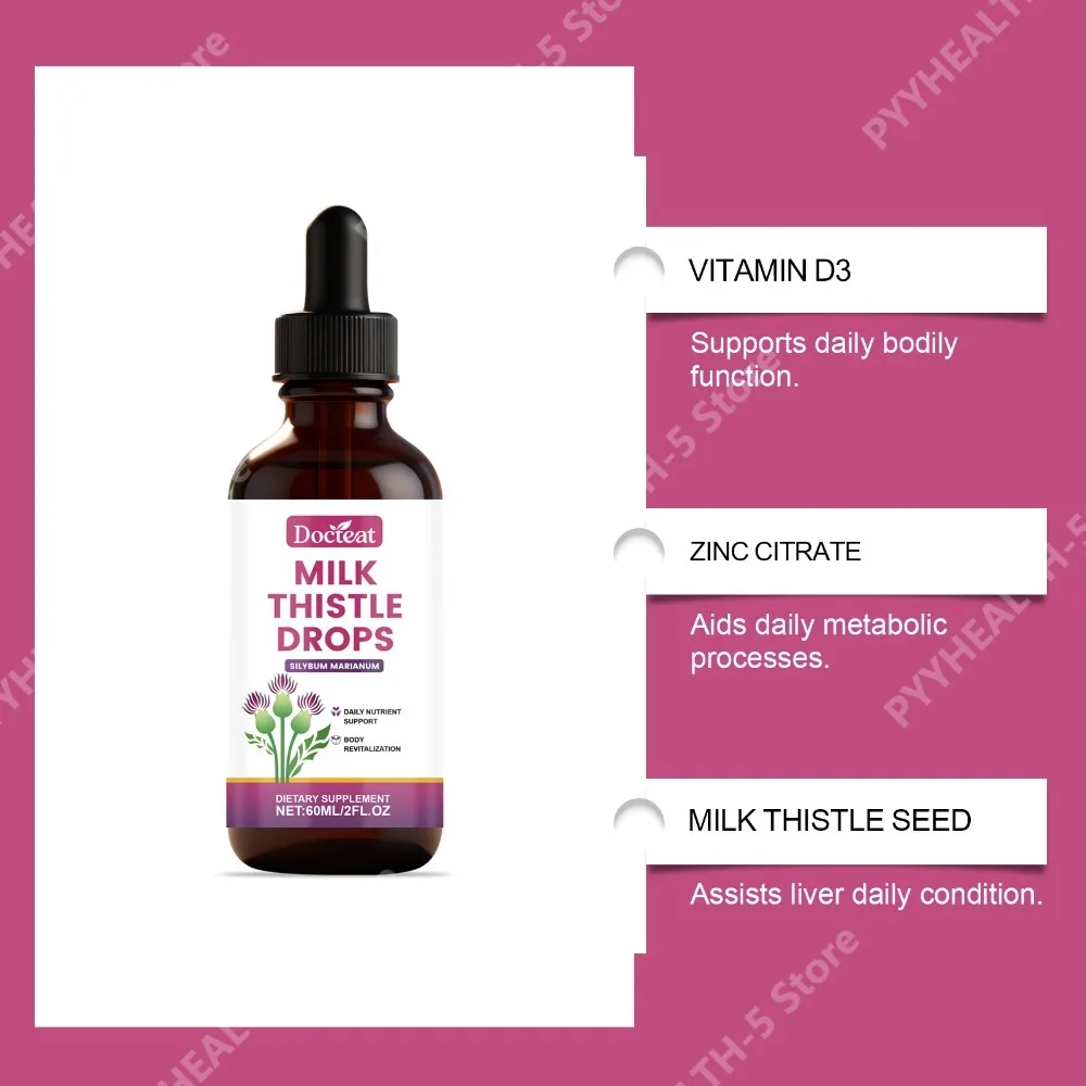 Docteat Milk Thistle Drops 60 Ml Bottle, 1 Ml Serving, Vitamin D3 and Zinc Citrate, Elderberry Echinacea Daily Nutrient Support